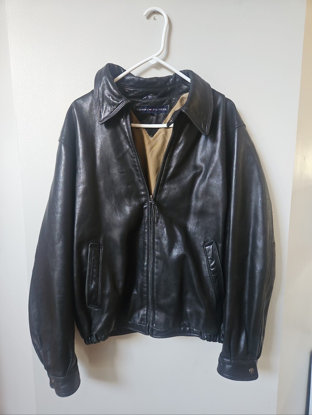 Vtg 90s Tommy Hilfiger Black Genuine Leather Bomber Jacket Mens Large
